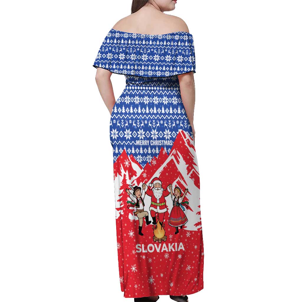 Slovakia Christmas Off Shoulder Maxi Dress with Santa and Dancers by Campfire Snowy Mountains and Red Blue Snowflake Pattern Design - Wonder Print Shop
