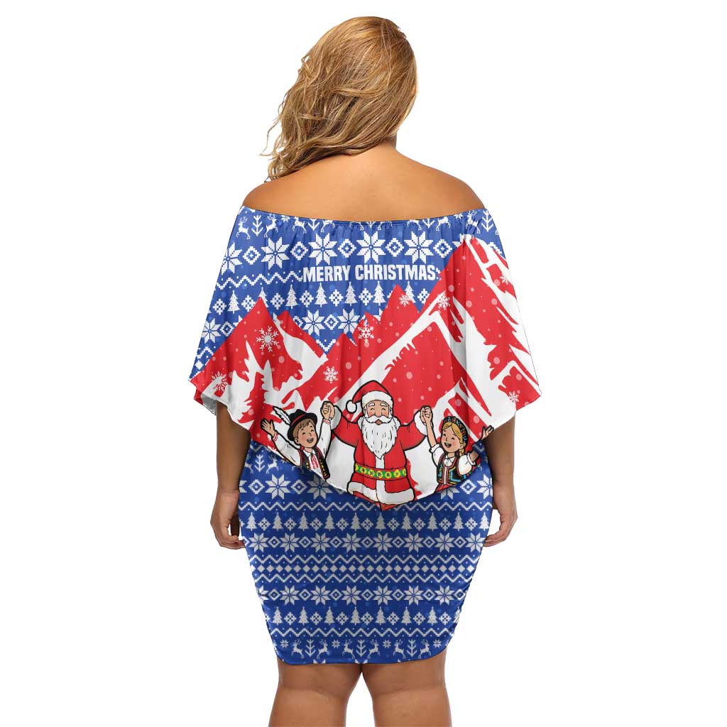 Slovakia Christmas Off Shoulder Short Dress with Santa and Dancers by Campfire Snowy Mountains and Red Blue Snowflake Pattern Design - Wonder Print Shop