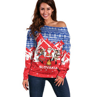 Slovakia Christmas Off Shoulder Sweater with Santa and Dancers by Campfire Snowy Mountains and Red Blue Snowflake Pattern Design - Wonder Print Shop