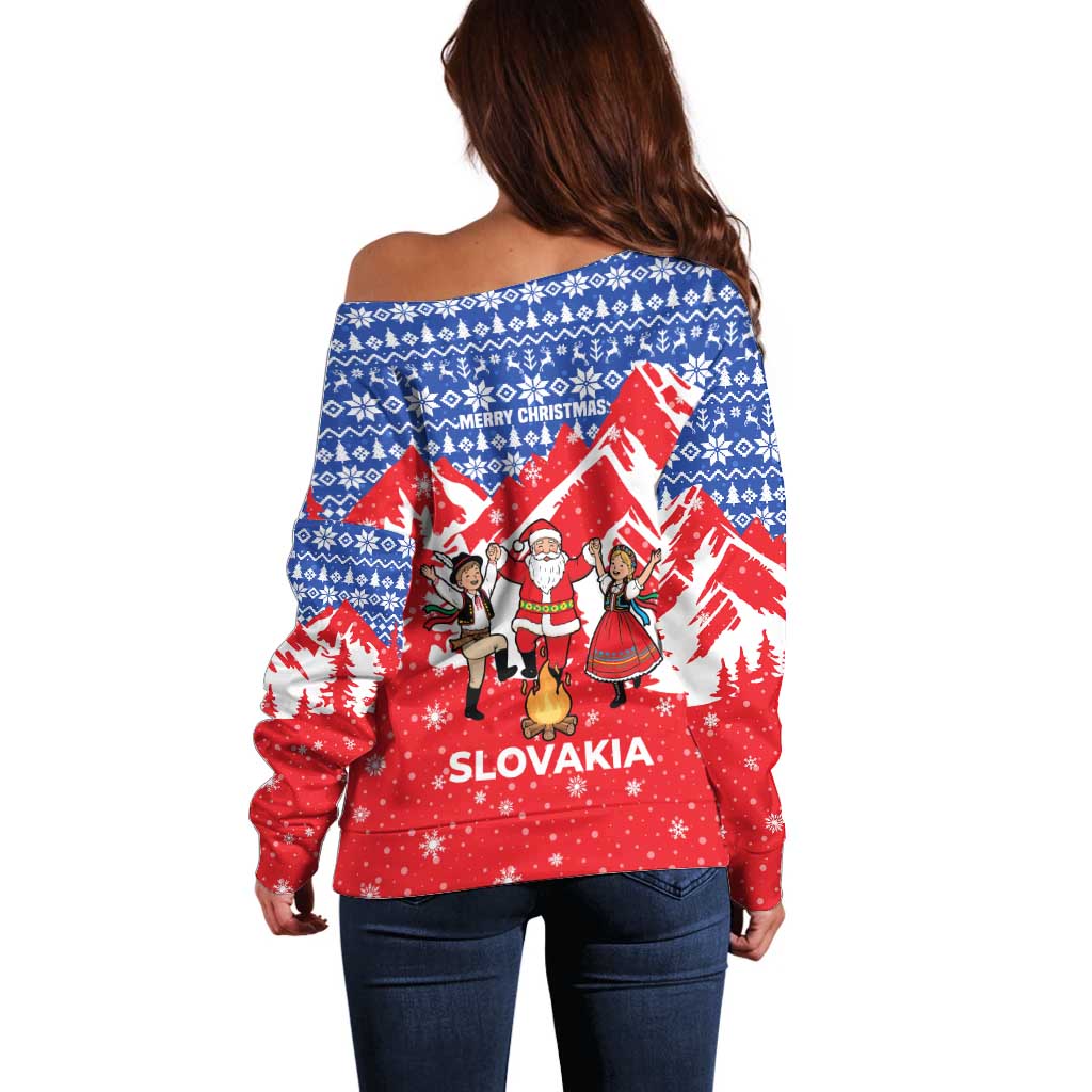 Slovakia Christmas Off Shoulder Sweater with Santa and Dancers by Campfire Snowy Mountains and Red Blue Snowflake Pattern Design - Wonder Print Shop