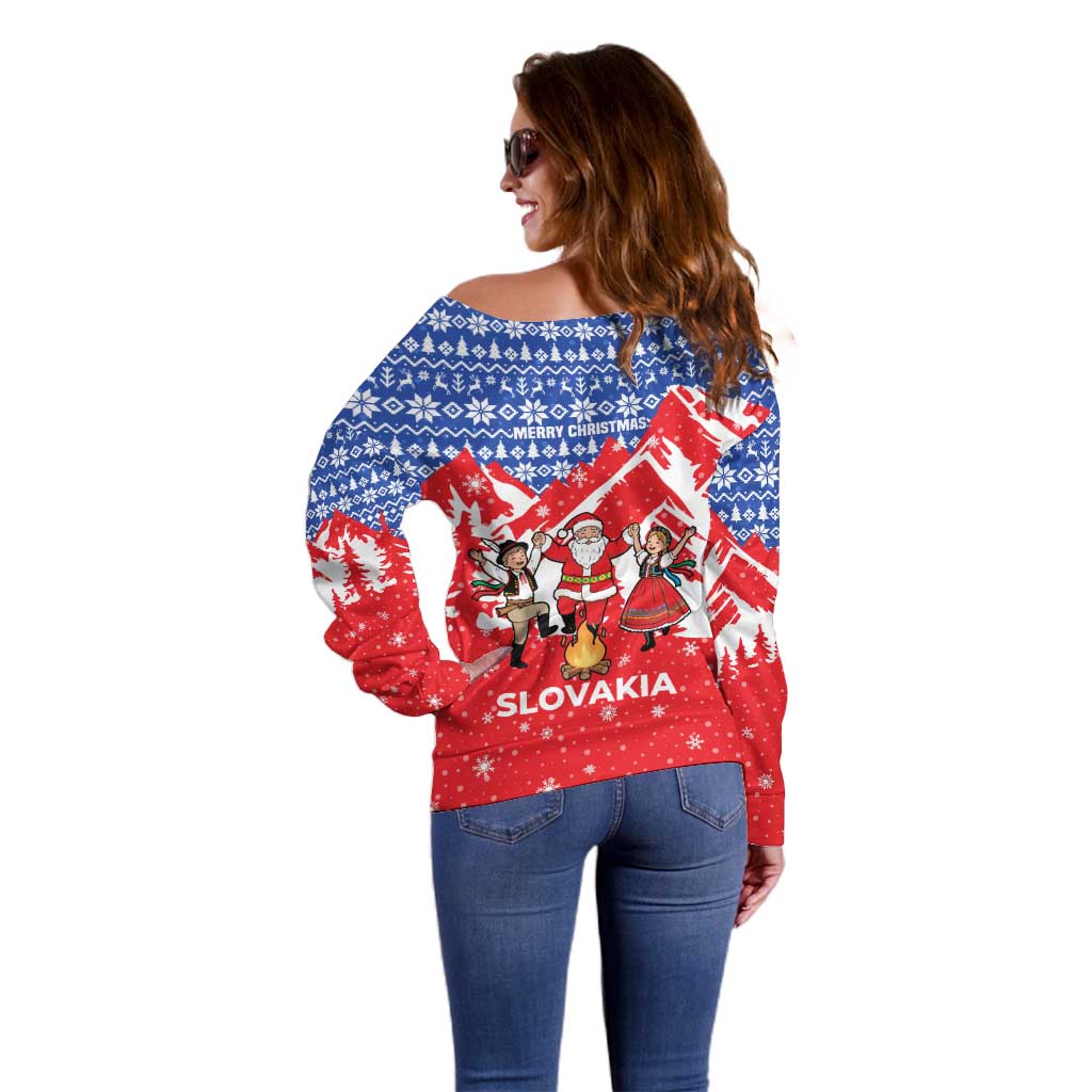 Slovakia Christmas Off Shoulder Sweater with Santa and Dancers by Campfire Snowy Mountains and Red Blue Snowflake Pattern Design - Wonder Print Shop