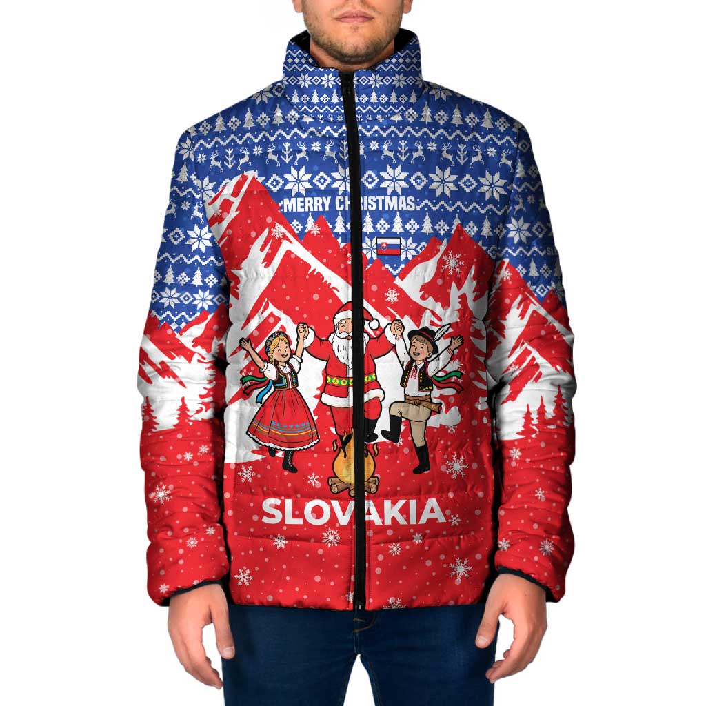 Slovakia Christmas Padded Jacket with Santa and Dancers by Campfire Snowy Mountains and Red Blue Snowflake Pattern Design - Wonder Print Shop