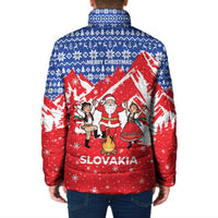 Slovakia Christmas Padded Jacket with Santa and Dancers by Campfire Snowy Mountains and Red Blue Snowflake Pattern Design - Wonder Print Shop