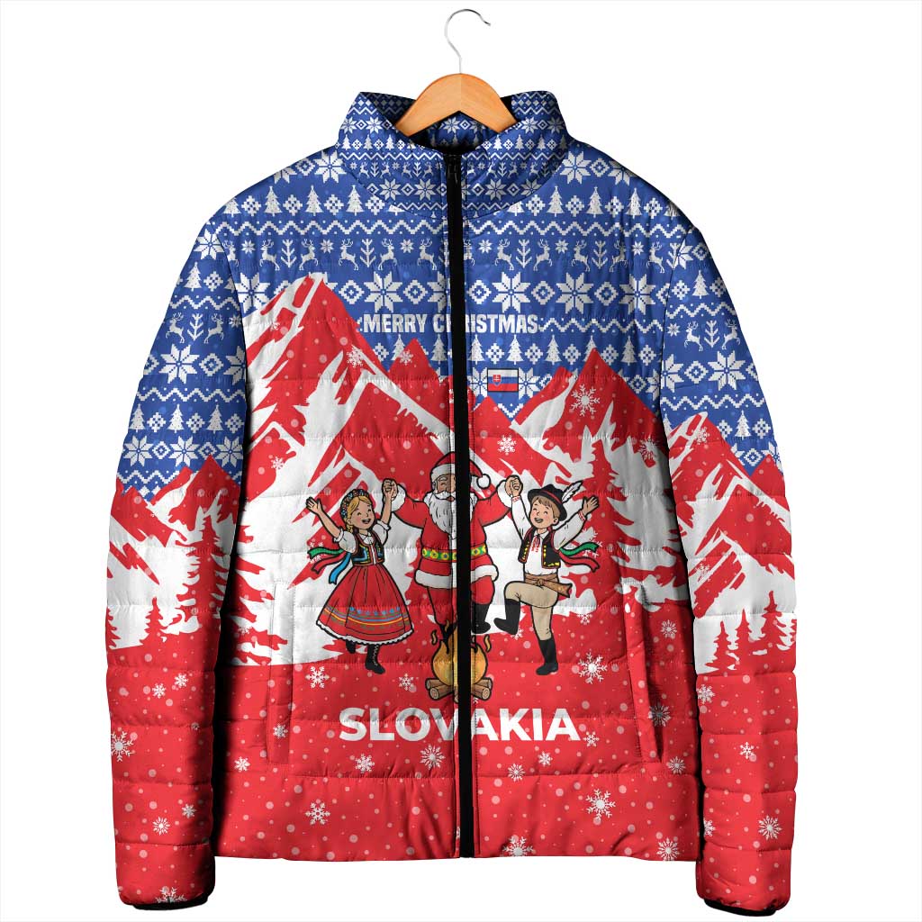 Slovakia Christmas Padded Jacket with Santa and Dancers by Campfire Snowy Mountains and Red Blue Snowflake Pattern Design - Wonder Print Shop