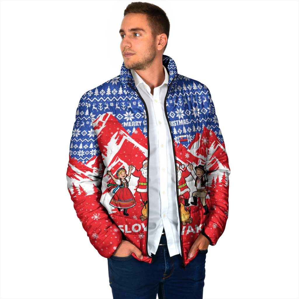 Slovakia Christmas Padded Jacket with Santa and Dancers by Campfire Snowy Mountains and Red Blue Snowflake Pattern Design - Wonder Print Shop