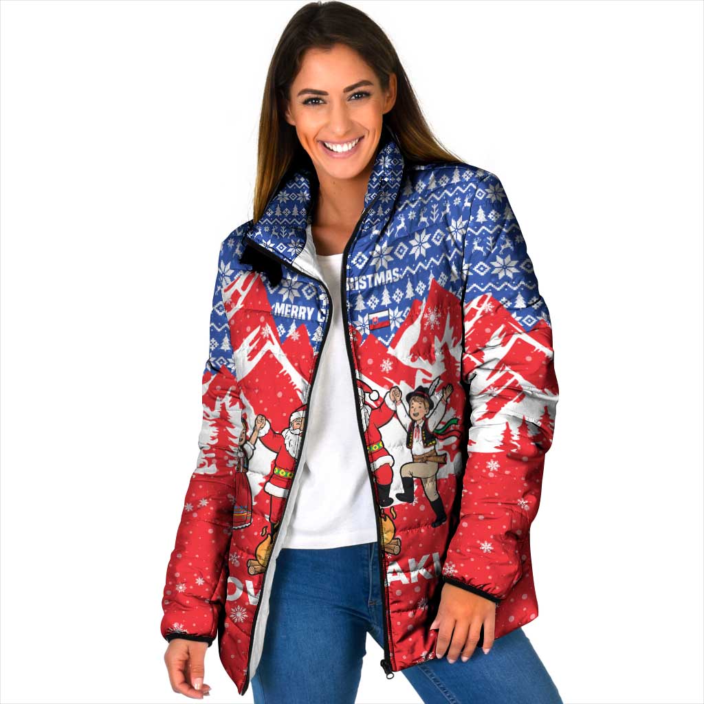 Slovakia Christmas Padded Jacket with Santa and Dancers by Campfire Snowy Mountains and Red Blue Snowflake Pattern Design - Wonder Print Shop