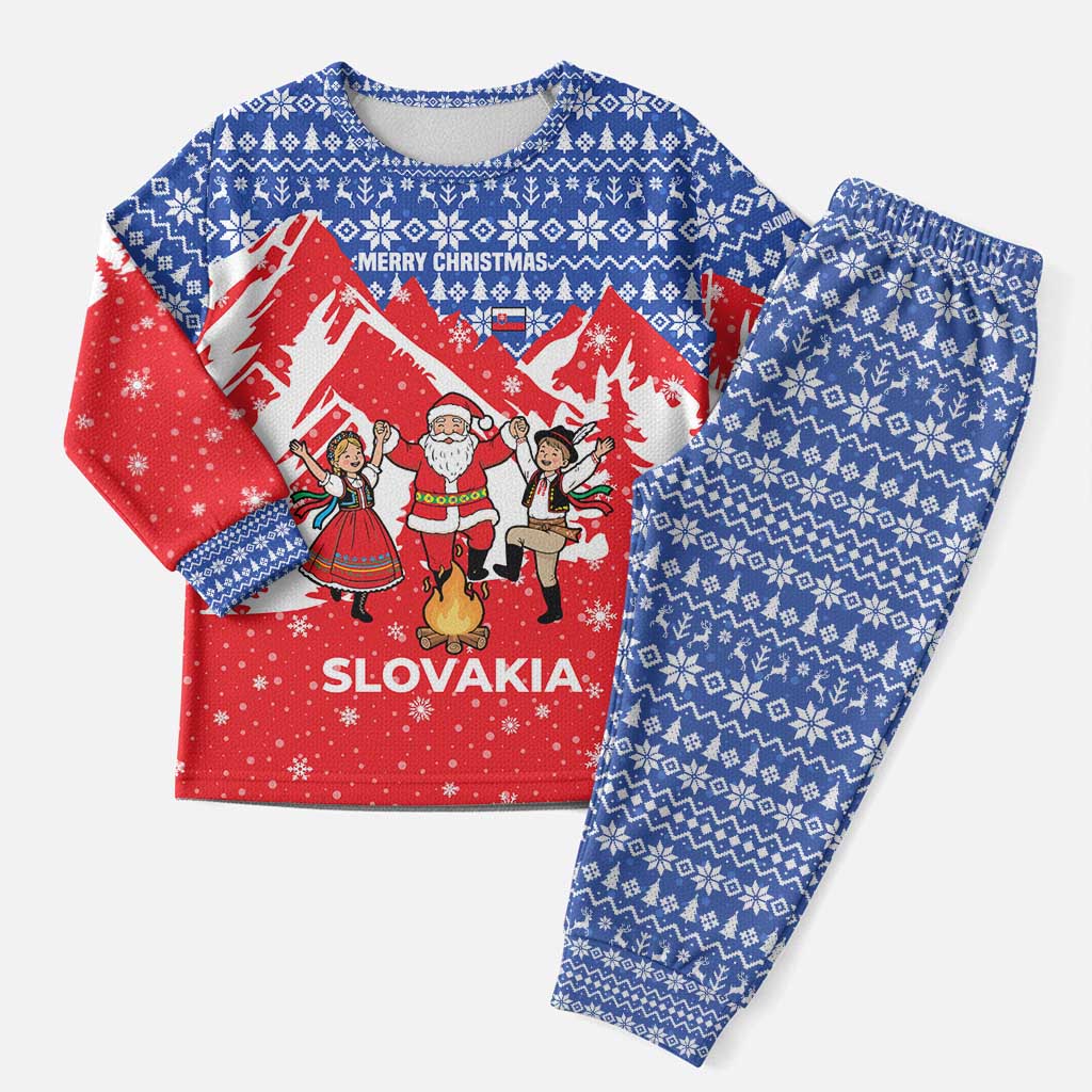 Slovakia Christmas Pajama Set with Santa and Dancers by Campfire Snowy Mountains and Red Blue Snowflake Pattern Design - Wonder Print Shop