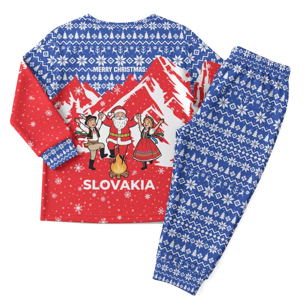 Slovakia Christmas Pajama Set with Santa and Dancers by Campfire Snowy Mountains and Red Blue Snowflake Pattern Design - Wonder Print Shop