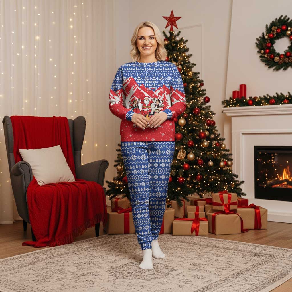 Slovakia Christmas Pajama Set with Santa and Dancers by Campfire Snowy Mountains and Red Blue Snowflake Pattern Design - Wonder Print Shop