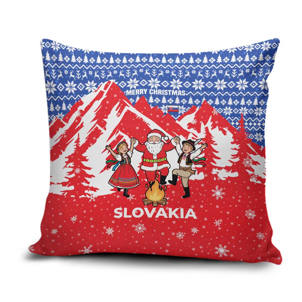 Slovakia Christmas Pillow Cover with Santa and Dancers by Campfire Snowy Mountains and Red Blue Snowflake Pattern Design - Wonder Print Shop