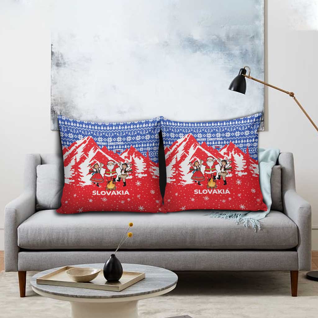 Slovakia Christmas Pillow Cover with Santa and Dancers by Campfire Snowy Mountains and Red Blue Snowflake Pattern Design - Wonder Print Shop