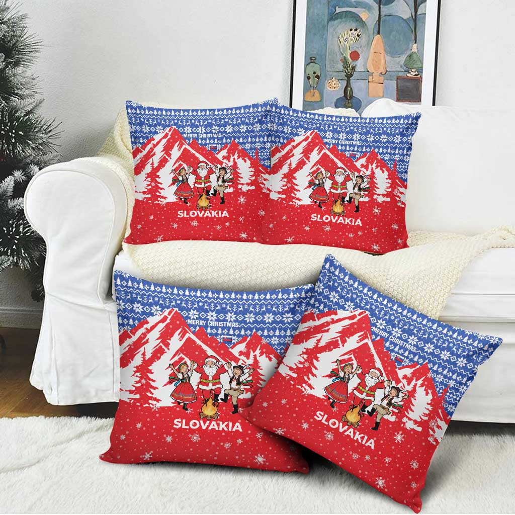 Slovakia Christmas Pillow Cover with Santa and Dancers by Campfire Snowy Mountains and Red Blue Snowflake Pattern Design - Wonder Print Shop