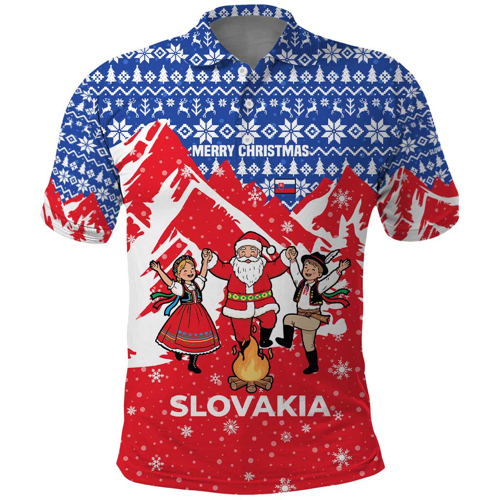 Slovakia Christmas Polo Shirt with Santa and Dancers by Campfire Snowy Mountains and Red Blue Snowflake Pattern Design - Wonder Print Shop