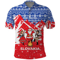 Slovakia Christmas Polo Shirt with Santa and Dancers by Campfire Snowy Mountains and Red Blue Snowflake Pattern Design - Wonder Print Shop