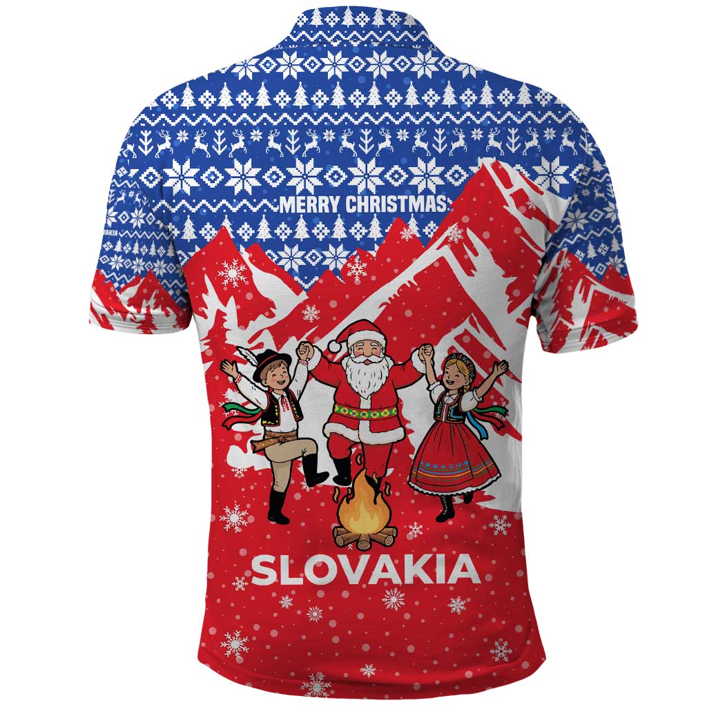 Slovakia Christmas Polo Shirt with Santa and Dancers by Campfire Snowy Mountains and Red Blue Snowflake Pattern Design - Wonder Print Shop