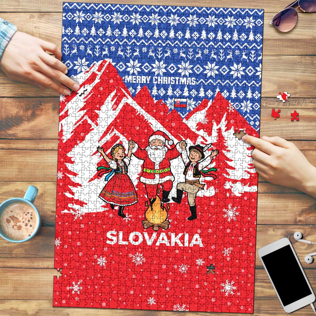 Slovakia Christmas Puzzle with Santa and Dancers by Campfire Snowy Mountains and Red Blue Snowflake Pattern Design - Wonder Print Shop