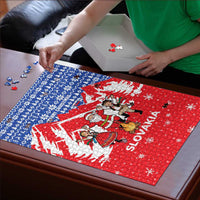 Slovakia Christmas Puzzle with Santa and Dancers by Campfire Snowy Mountains and Red Blue Snowflake Pattern Design - Wonder Print Shop
