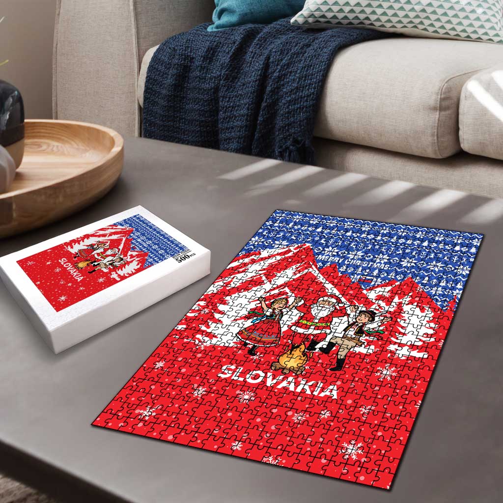 Slovakia Christmas Puzzle with Santa and Dancers by Campfire Snowy Mountains and Red Blue Snowflake Pattern Design - Wonder Print Shop