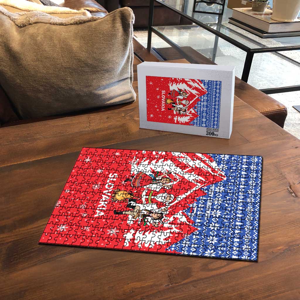 Slovakia Christmas Puzzle with Santa and Dancers by Campfire Snowy Mountains and Red Blue Snowflake Pattern Design - Wonder Print Shop
