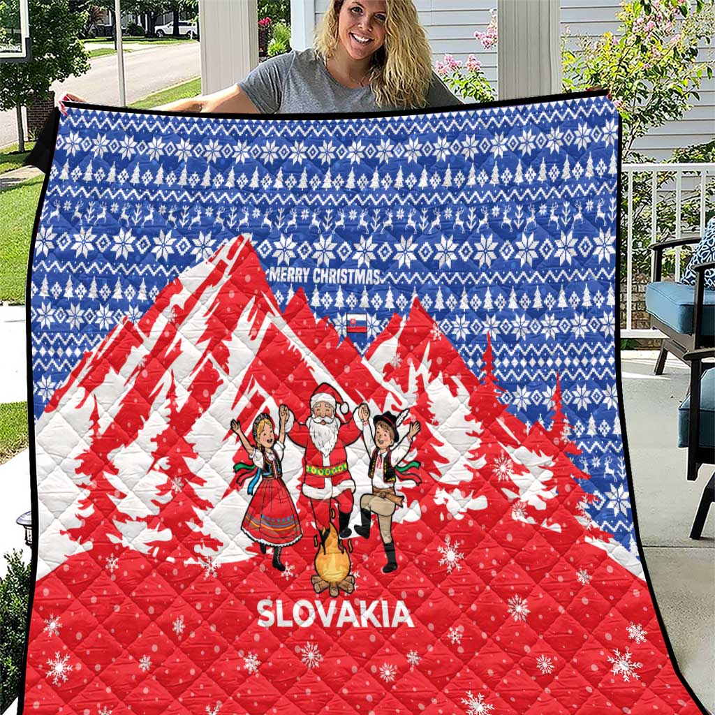 Slovakia Christmas Quilt with Santa and Dancers by Campfire Snowy Mountains and Red Blue Snowflake Pattern Design - Wonder Print Shop
