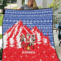 Slovakia Christmas Quilt with Santa and Dancers by Campfire Snowy Mountains and Red Blue Snowflake Pattern Design - Wonder Print Shop