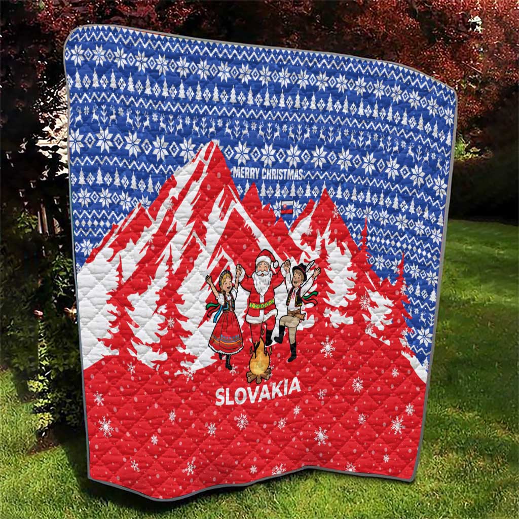 Slovakia Christmas Quilt with Santa and Dancers by Campfire Snowy Mountains and Red Blue Snowflake Pattern Design - Wonder Print Shop