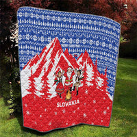 Slovakia Christmas Quilt with Santa and Dancers by Campfire Snowy Mountains and Red Blue Snowflake Pattern Design - Wonder Print Shop
