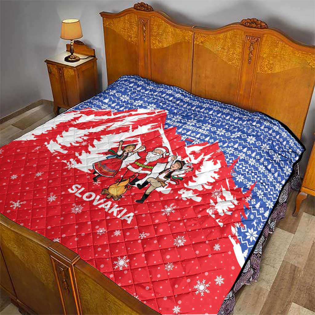 Slovakia Christmas Quilt with Santa and Dancers by Campfire Snowy Mountains and Red Blue Snowflake Pattern Design - Wonder Print Shop