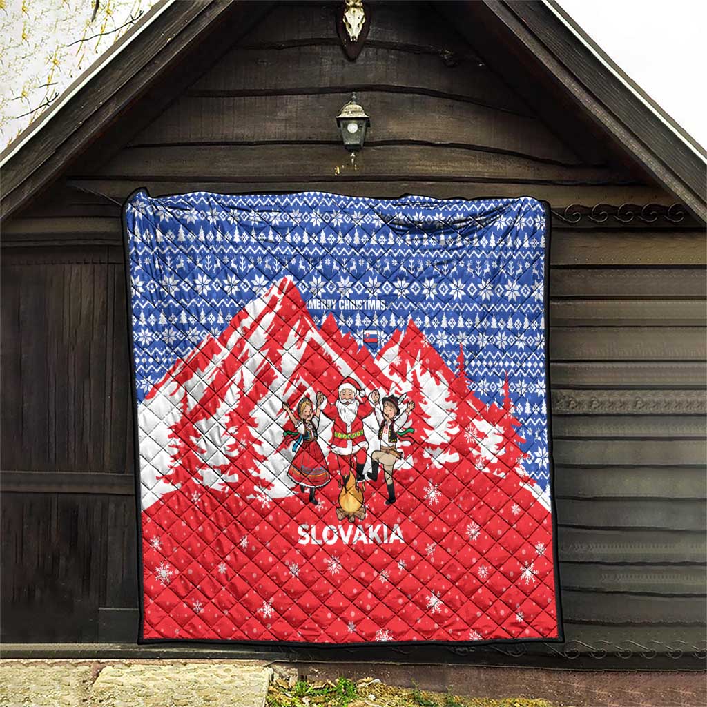 Slovakia Christmas Quilt with Santa and Dancers by Campfire Snowy Mountains and Red Blue Snowflake Pattern Design - Wonder Print Shop