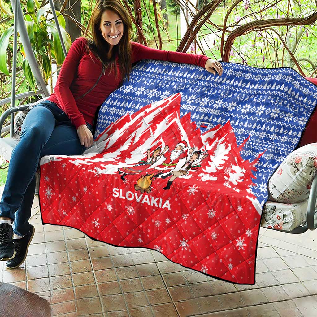 Slovakia Christmas Quilt with Santa and Dancers by Campfire Snowy Mountains and Red Blue Snowflake Pattern Design - Wonder Print Shop