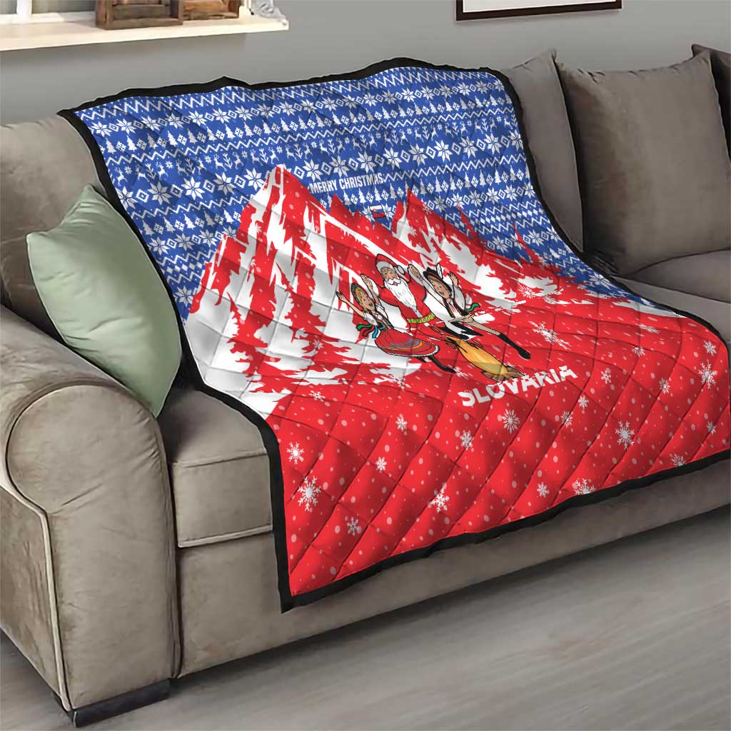 Slovakia Christmas Quilt with Santa and Dancers by Campfire Snowy Mountains and Red Blue Snowflake Pattern Design - Wonder Print Shop