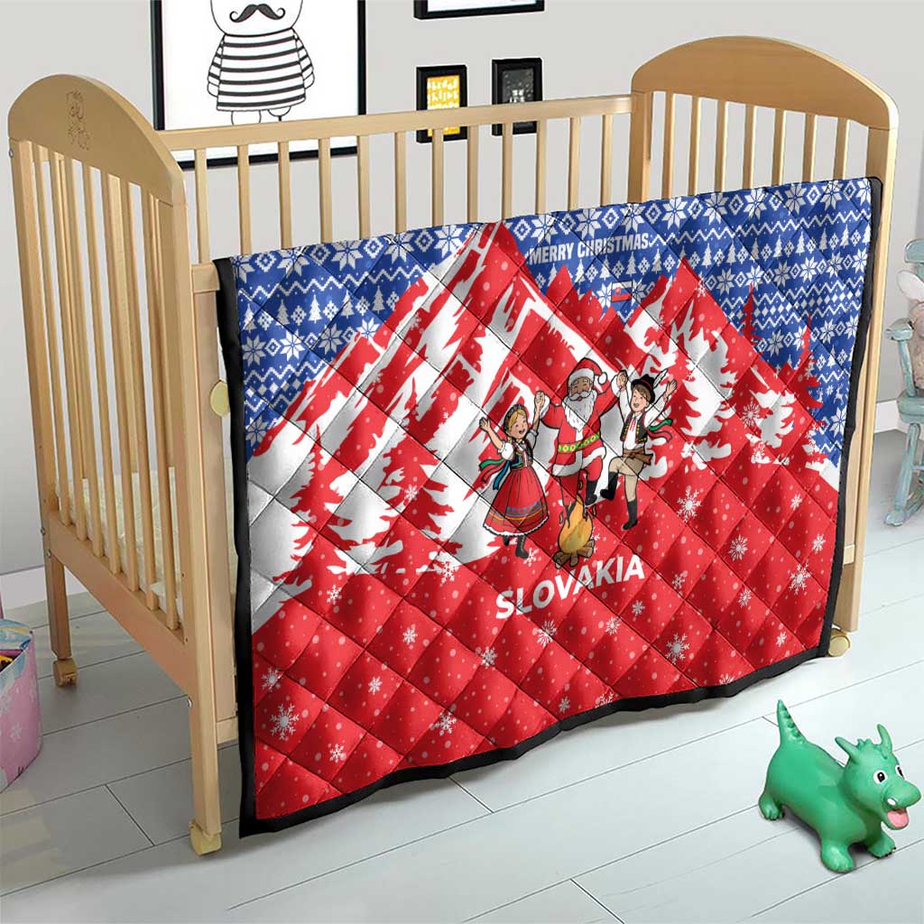 Slovakia Christmas Quilt with Santa and Dancers by Campfire Snowy Mountains and Red Blue Snowflake Pattern Design - Wonder Print Shop