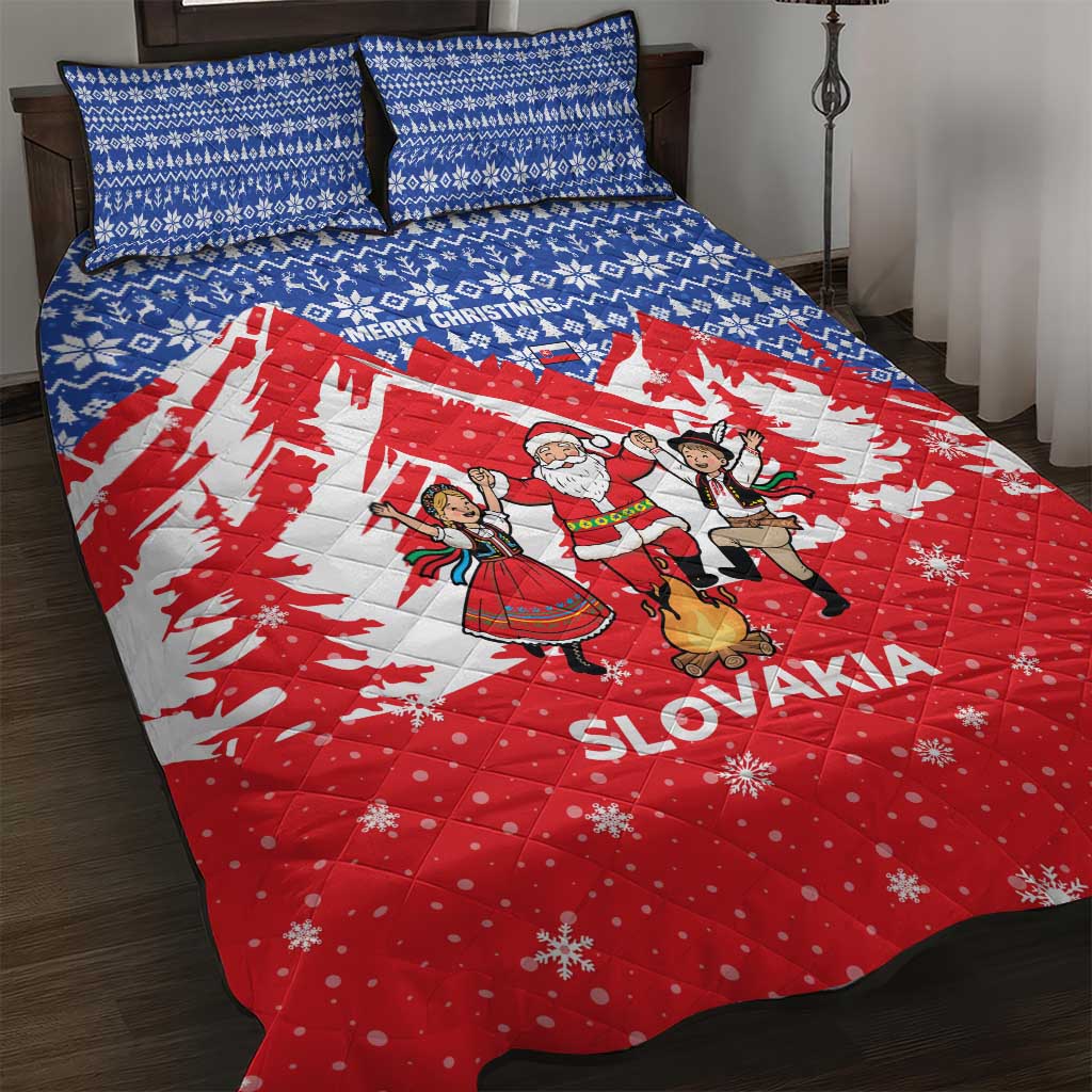 Slovakia Christmas Quilt Bed Set with Santa and Dancers by Campfire Snowy Mountains and Red Blue Snowflake Pattern Design - Wonder Print Shop