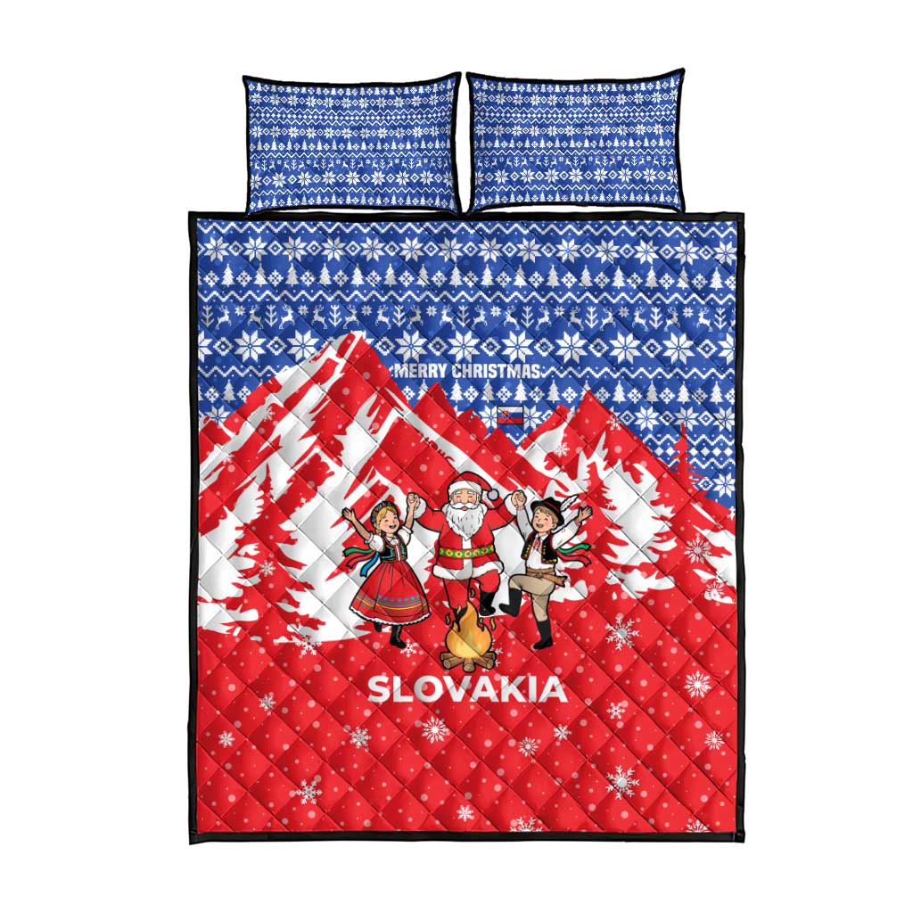 Slovakia Christmas Quilt Bed Set with Santa and Dancers by Campfire Snowy Mountains and Red Blue Snowflake Pattern Design - Wonder Print Shop