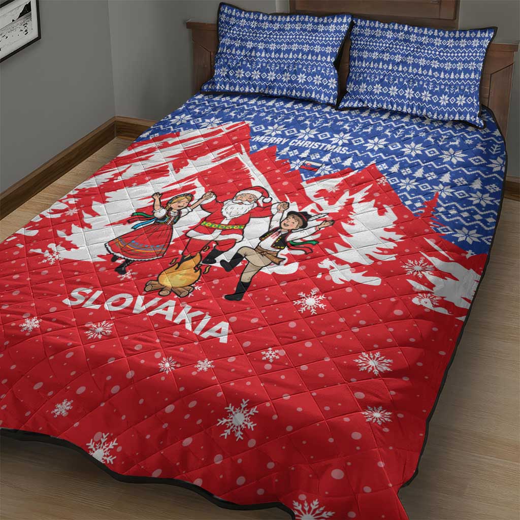 Slovakia Christmas Quilt Bed Set with Santa and Dancers by Campfire Snowy Mountains and Red Blue Snowflake Pattern Design - Wonder Print Shop