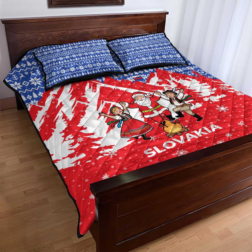Slovakia Christmas Quilt Bed Set with Santa and Dancers by Campfire Snowy Mountains and Red Blue Snowflake Pattern Design - Wonder Print Shop