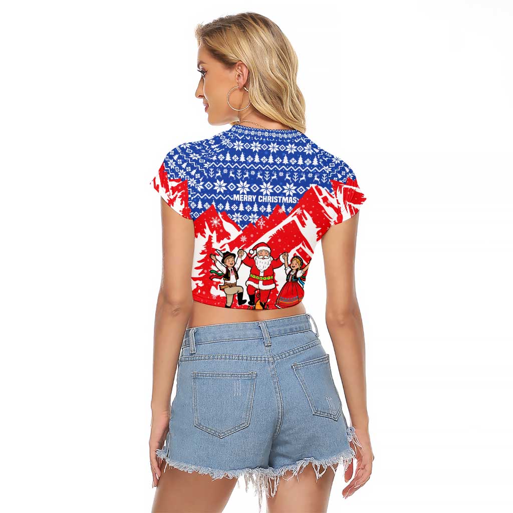 Slovakia Christmas Raglan Cropped T Shirt with Santa and Dancers by Campfire Snowy Mountains and Red Blue Snowflake Pattern Design - Wonder Print Shop