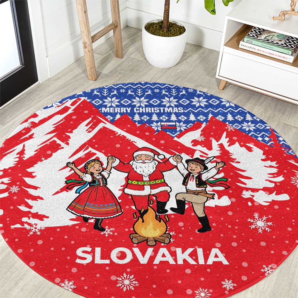 Slovakia Christmas Round Carpet with Santa and Dancers by Campfire Snowy Mountains and Red Blue Snowflake Pattern Design - Wonder Print Shop