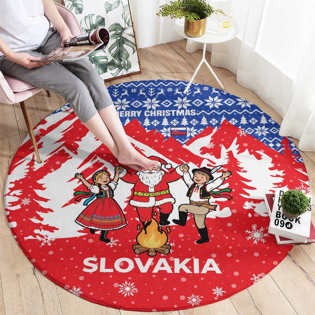 Slovakia Christmas Round Carpet with Santa and Dancers by Campfire Snowy Mountains and Red Blue Snowflake Pattern Design - Wonder Print Shop