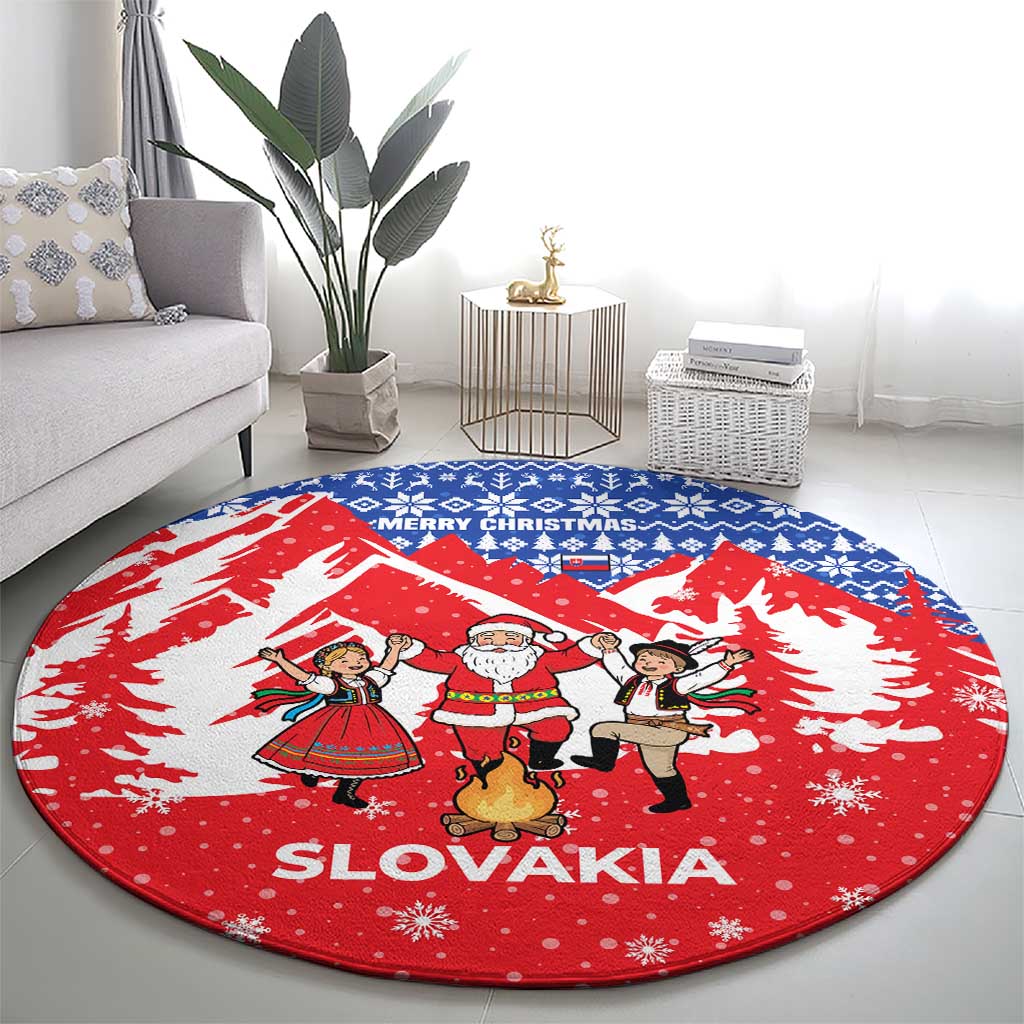 Slovakia Christmas Round Carpet with Santa and Dancers by Campfire Snowy Mountains and Red Blue Snowflake Pattern Design - Wonder Print Shop