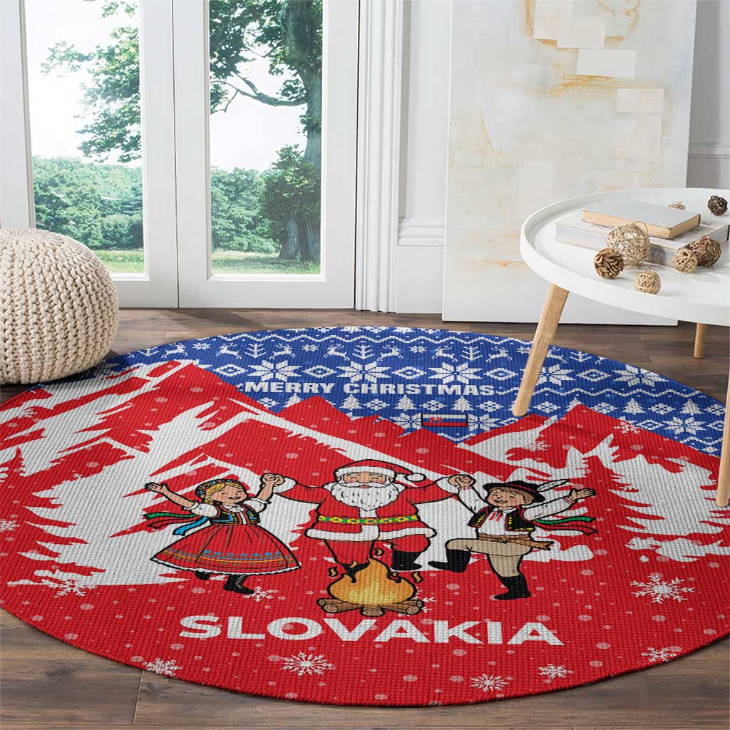 Slovakia Christmas Round Carpet with Santa and Dancers by Campfire Snowy Mountains and Red Blue Snowflake Pattern Design - Wonder Print Shop