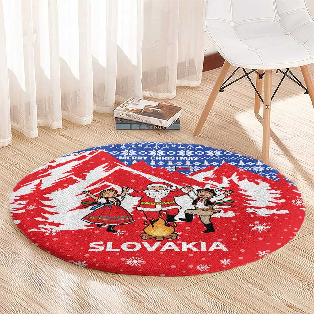 Slovakia Christmas Round Carpet with Santa and Dancers by Campfire Snowy Mountains and Red Blue Snowflake Pattern Design - Wonder Print Shop