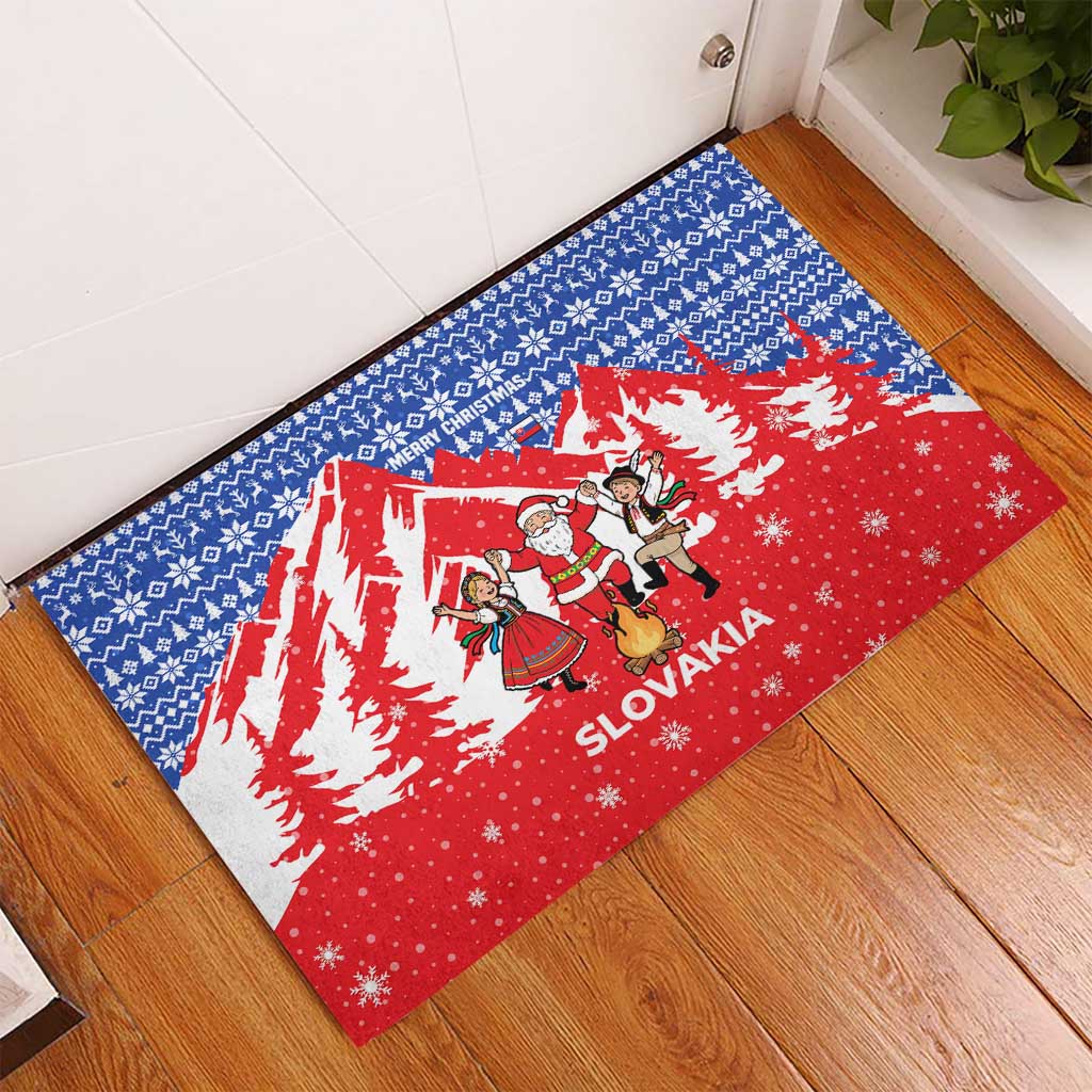 Slovakia Christmas Rubber Doormat with Santa and Dancers by Campfire Snowy Mountains and Red Blue Snowflake Pattern Design - Wonder Print Shop