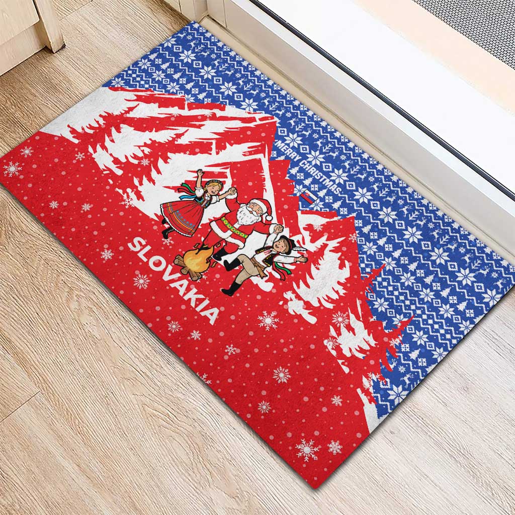 Slovakia Christmas Rubber Doormat with Santa and Dancers by Campfire Snowy Mountains and Red Blue Snowflake Pattern Design - Wonder Print Shop