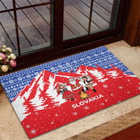 Slovakia Christmas Rubber Doormat with Santa and Dancers by Campfire Snowy Mountains and Red Blue Snowflake Pattern Design - Wonder Print Shop