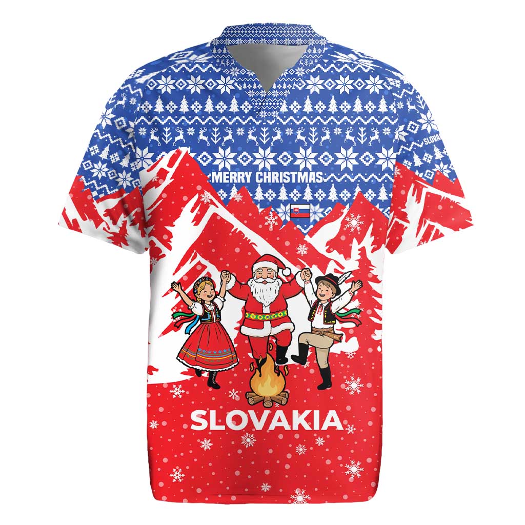Slovakia Christmas Rugby Jersey with Santa and Dancers by Campfire Snowy Mountains and Red Blue Snowflake Pattern Design - Wonder Print Shop