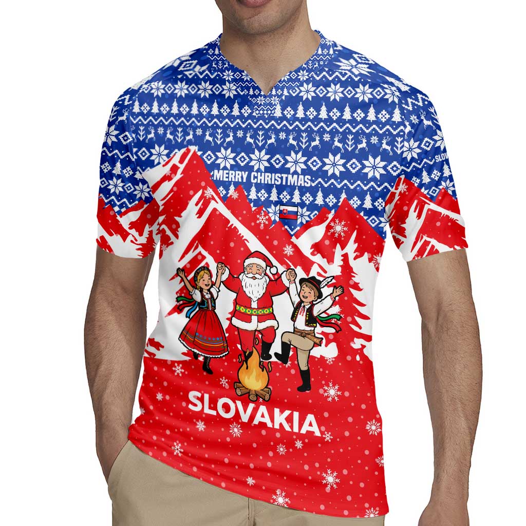 Slovakia Christmas Rugby Jersey with Santa and Dancers by Campfire Snowy Mountains and Red Blue Snowflake Pattern Design - Wonder Print Shop