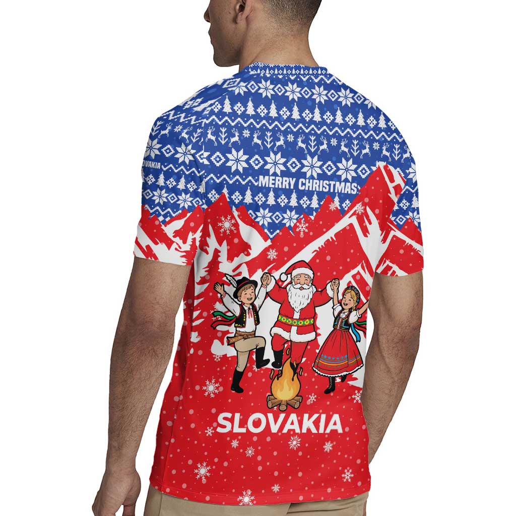 Slovakia Christmas Rugby Jersey with Santa and Dancers by Campfire Snowy Mountains and Red Blue Snowflake Pattern Design - Wonder Print Shop
