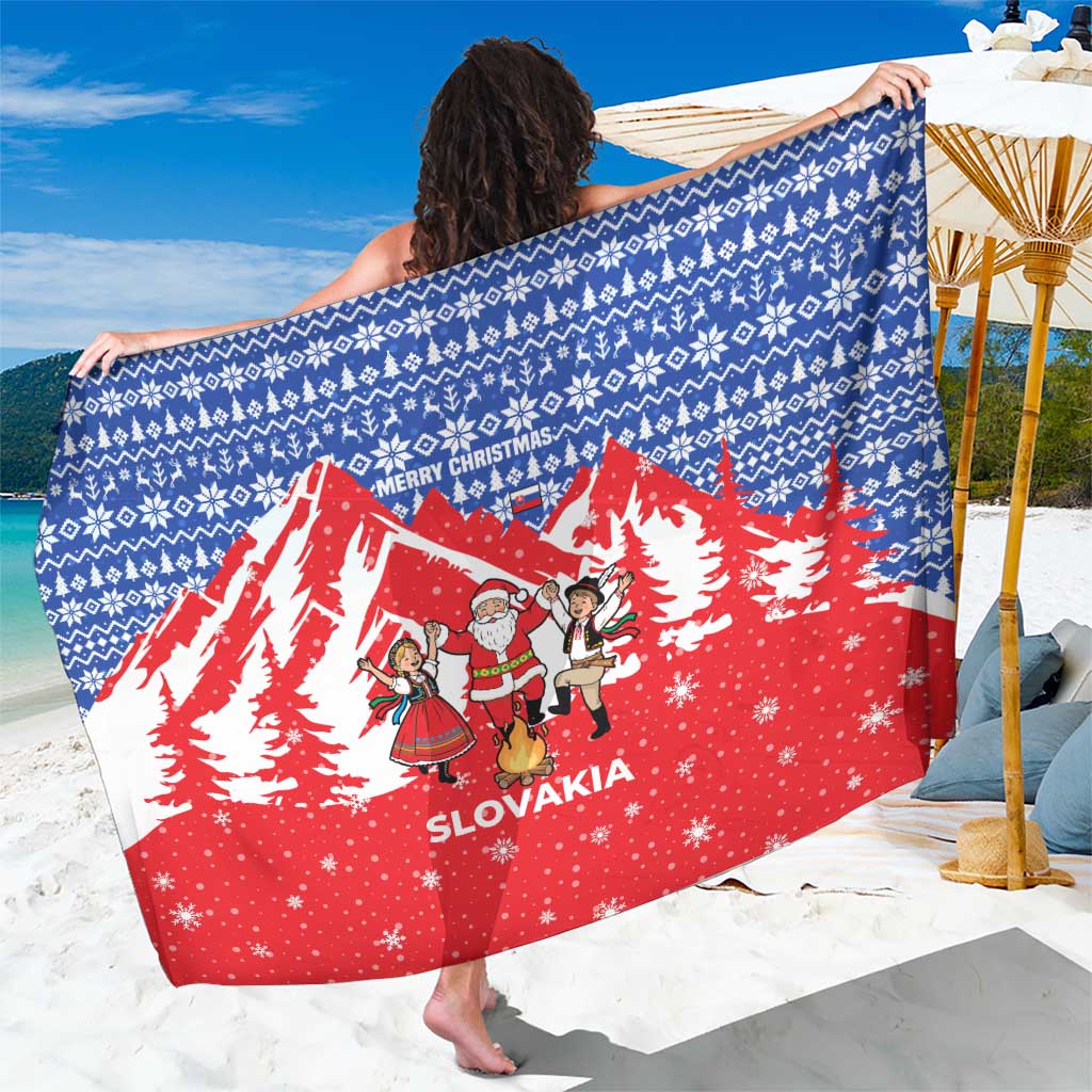 Slovakia Christmas Sarong with Santa and Dancers by Campfire Snowy Mountains and Red Blue Snowflake Pattern Design - Wonder Print Shop