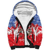 Slovakia Christmas Sherpa Hoodie with Santa and Dancers by Campfire Snowy Mountains and Red Blue Snowflake Pattern Design - Wonder Print Shop